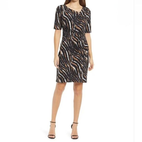 Pursuits Dresses & Skirts - Pursuits Swirly Stripe Jersey V-neck Midi Dress